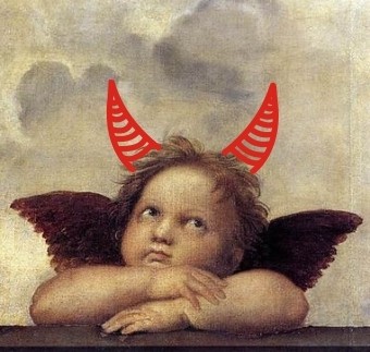 Raffael Engel mit aufgesetzten Teufelshörnern