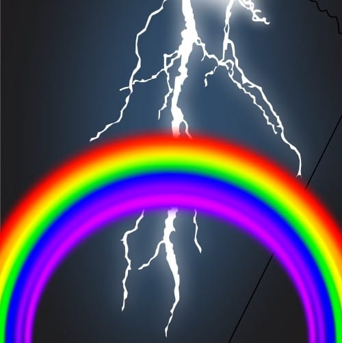 Regenbogen und Blitz