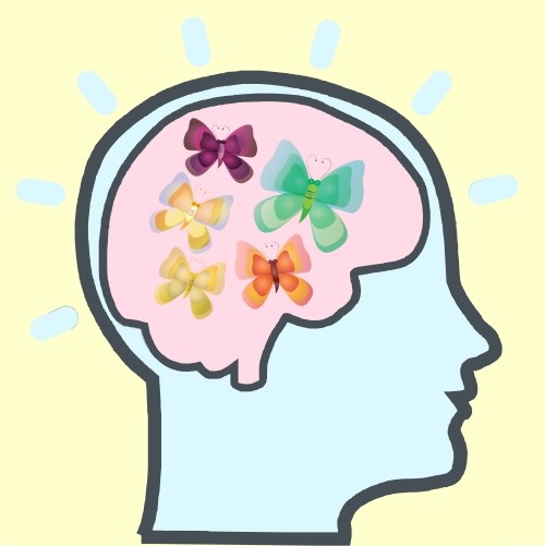 Kopf mit Schmetterlingen im Gehirn